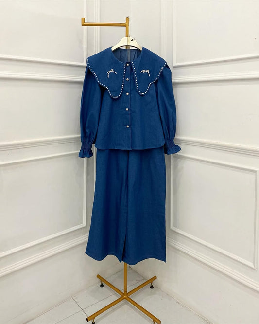 Denim Comfy Coord Set with Unique Collar