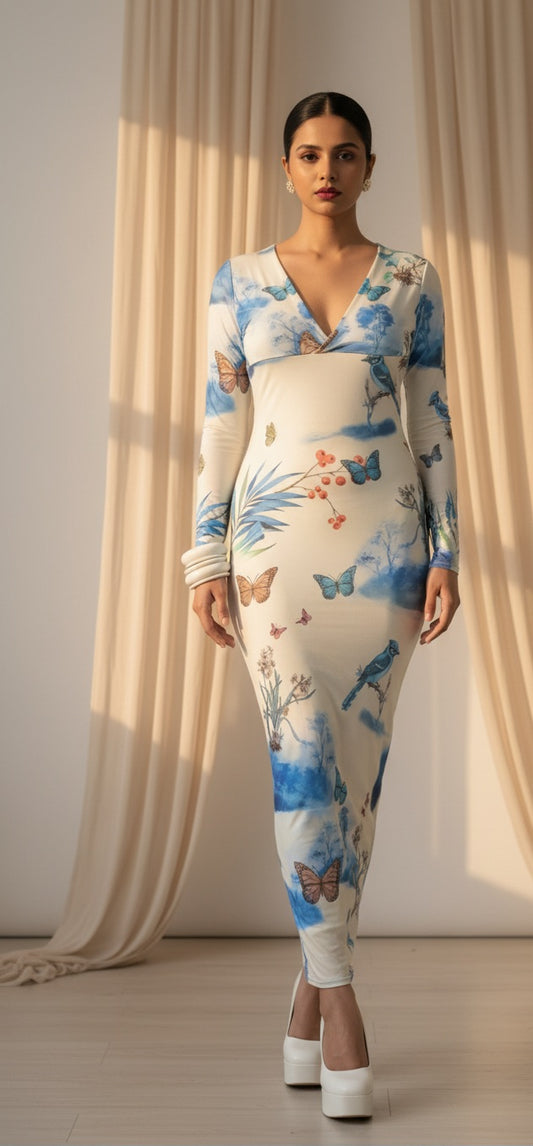 Nature Print V Neck Bodycon