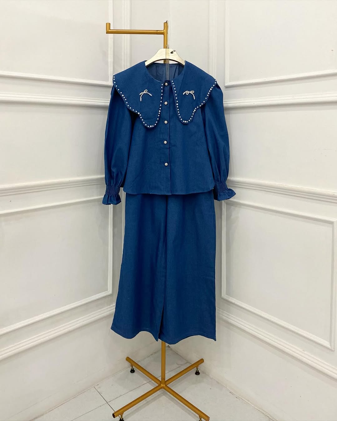 Denim Comfy Coord Set with Unique Collar