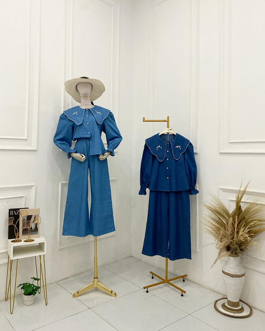 Denim Comfy Coord Set with Unique Collar