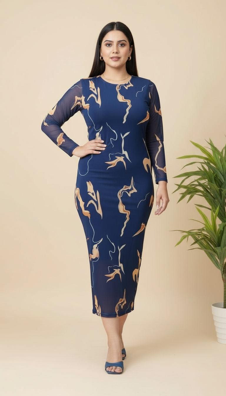 Gold Print Navy Blue Bodycon