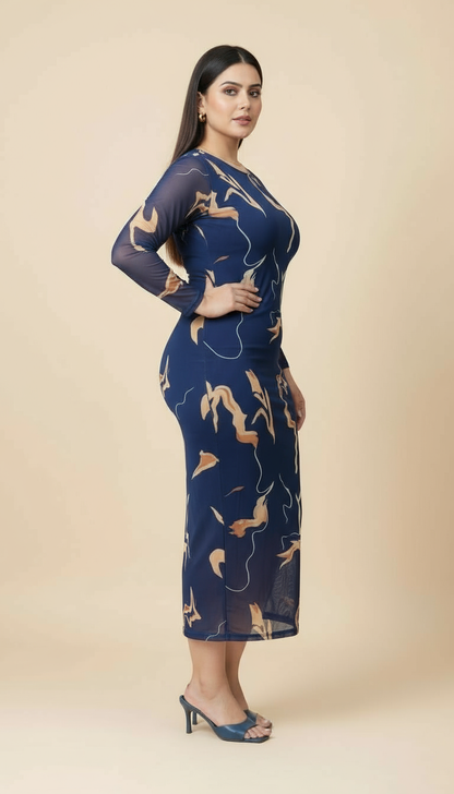 Gold Print Navy Blue Bodycon