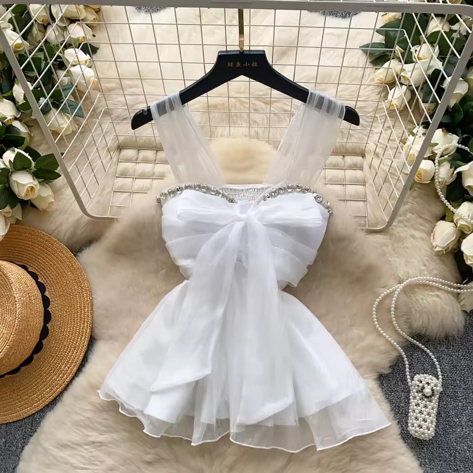 Imported Rhinestone Neck Bow Peplum Padded Top