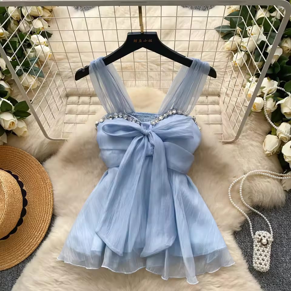 Imported Rhinestone Neck Bow Peplum Padded Top