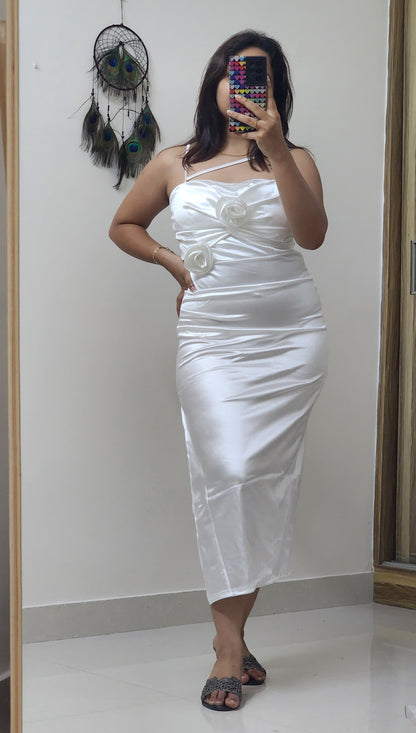 Kaira Satin Bodycon With 2 Satin Flowers