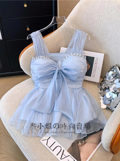 Imported Rhinestone Neck Bow Peplum Padded Top