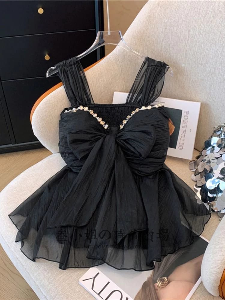 Imported Rhinestone Neck Bow Peplum Padded Top