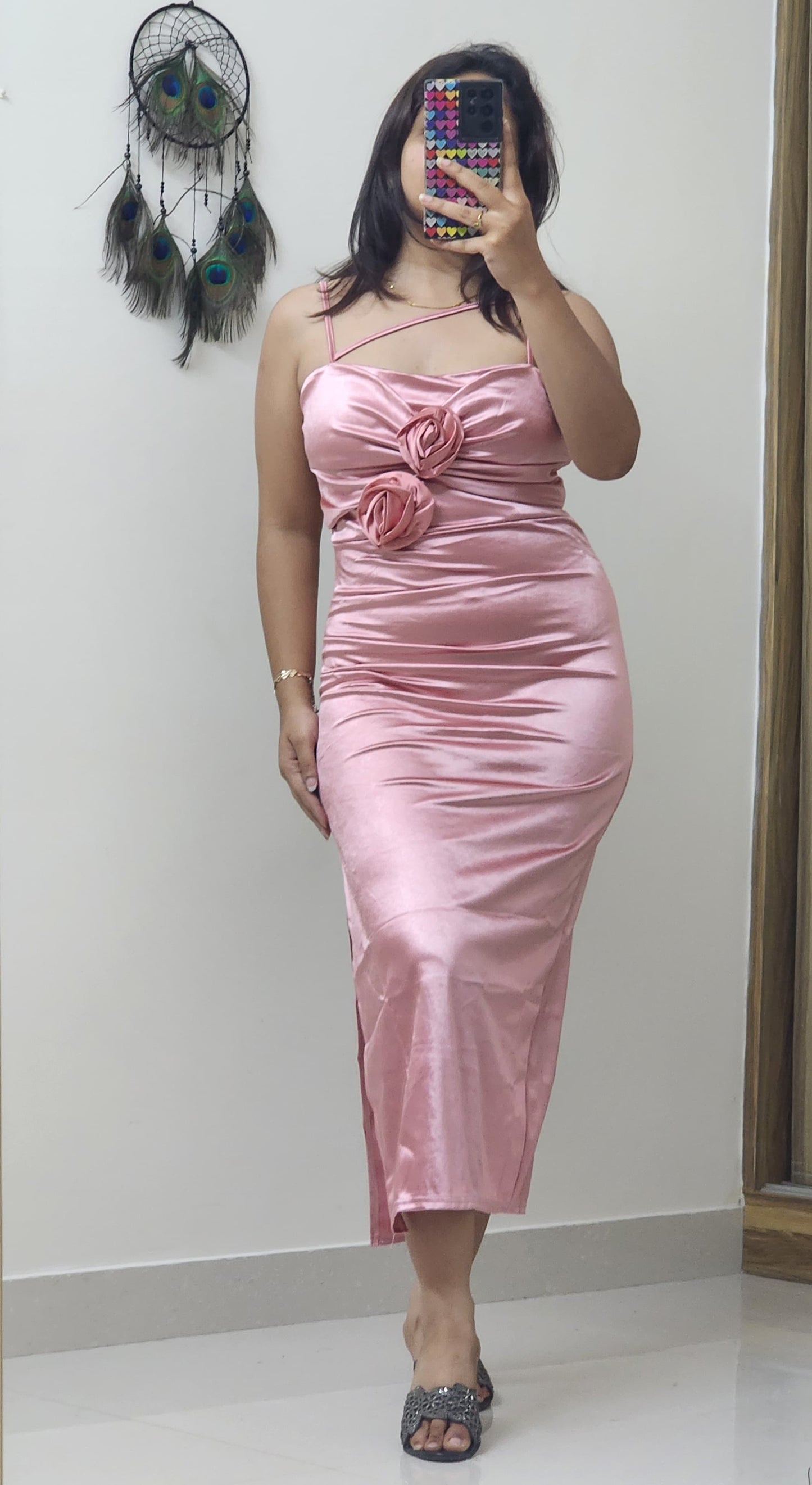 Kaira Satin Bodycon With 2 Satin Flowers