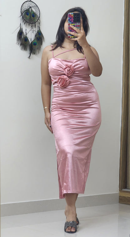 Kaira Satin Bodycon With 2 Satin Flowers